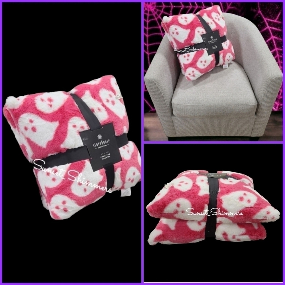 2pc Halloween Faux Fur Hot Pink Ghost Pillow Set by StoreHouse Large 20"